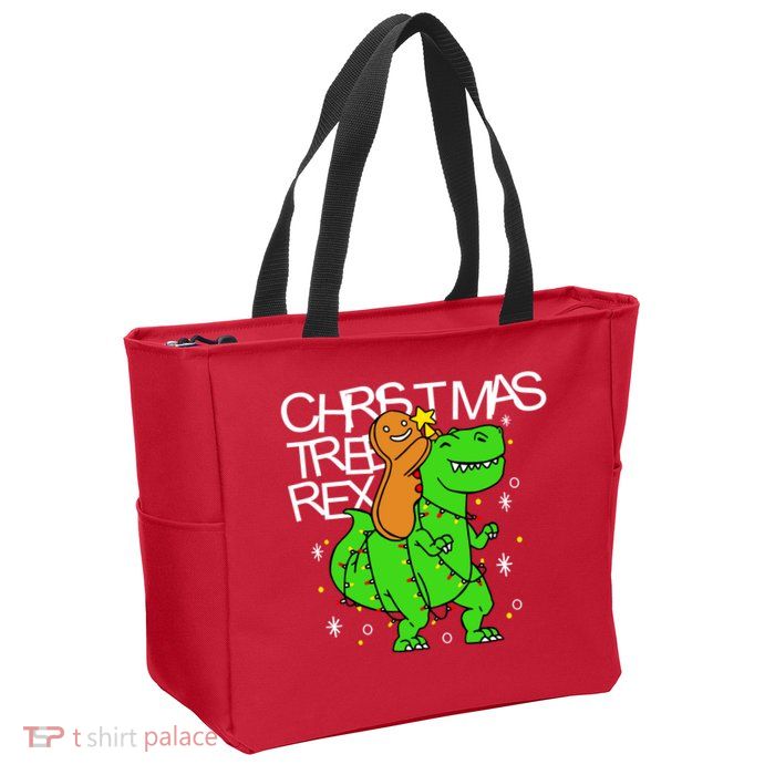 Christmas Tree Rex TRex Gingerbread Man Funny Zip Tote Bag