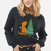 Cute T Rex Christmas Tree Cropped Pullover Crew
