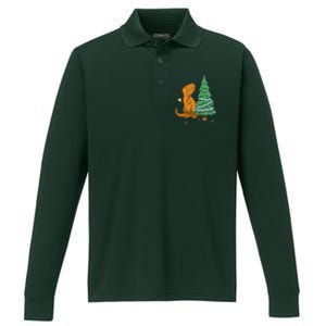 Cute T Rex Christmas Tree Performance Long Sleeve Polo