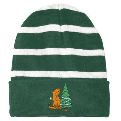 Cute T Rex Christmas Tree Striped Beanie with Solid Band