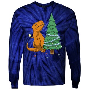 Cute T Rex Christmas Tree Tie-Dye Long Sleeve Shirt