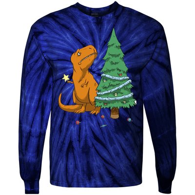 Cute T Rex Christmas Tree Tie-Dye Long Sleeve Shirt