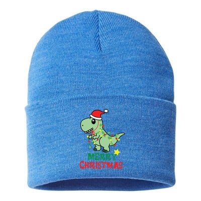 Cute T Rex Merry Christmas Dinosaur Tree Rex Pajama Lights Gift Sustainable Knit Beanie