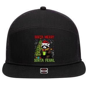 Christmas Tree Raccoon Santa Coffee Sorta Merry Feral Funny 7 Panel Mesh Trucker Snapback Hat