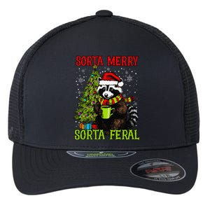 Christmas Tree Raccoon Santa Coffee Sorta Merry Feral Funny Flexfit Unipanel Trucker Cap