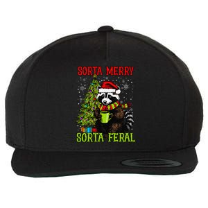 Christmas Tree Raccoon Santa Coffee Sorta Merry Feral Funny Wool Snapback Cap