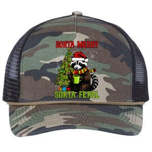 Christmas Tree Raccoon Santa Coffee Sorta Merry Feral Funny Retro Rope Trucker Hat Cap