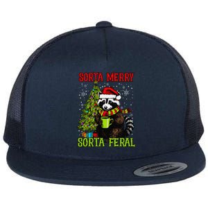 Christmas Tree Raccoon Santa Coffee Sorta Merry Feral Funny Flat Bill Trucker Hat