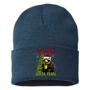 Christmas Tree Raccoon Santa Coffee Sorta Merry Feral Funny Sustainable Knit Beanie