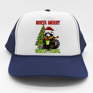 Christmas Tree Raccoon Santa Coffee Sorta Merry Feral Funny Trucker Hat