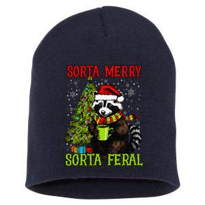 Christmas Tree Raccoon Santa Coffee Sorta Merry Feral Funny Short Acrylic Beanie