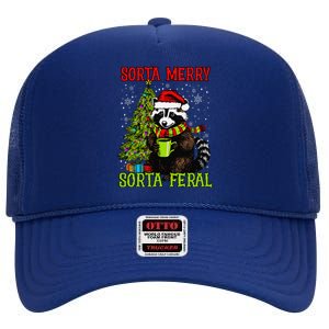 Christmas Tree Raccoon Santa Coffee Sorta Merry Feral Funny High Crown Mesh Back Trucker Hat