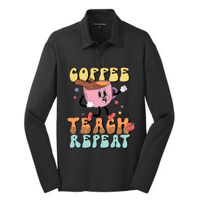 Coffee Teach Repeat Cute Groovy Teacher Retro Leopard Boho Great Gift Silk Touch Performance Long Sleeve Polo