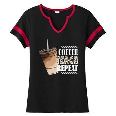 Coffee Teach Repeat Cute Teacher Gift Ladies Halftime Notch Neck Tee