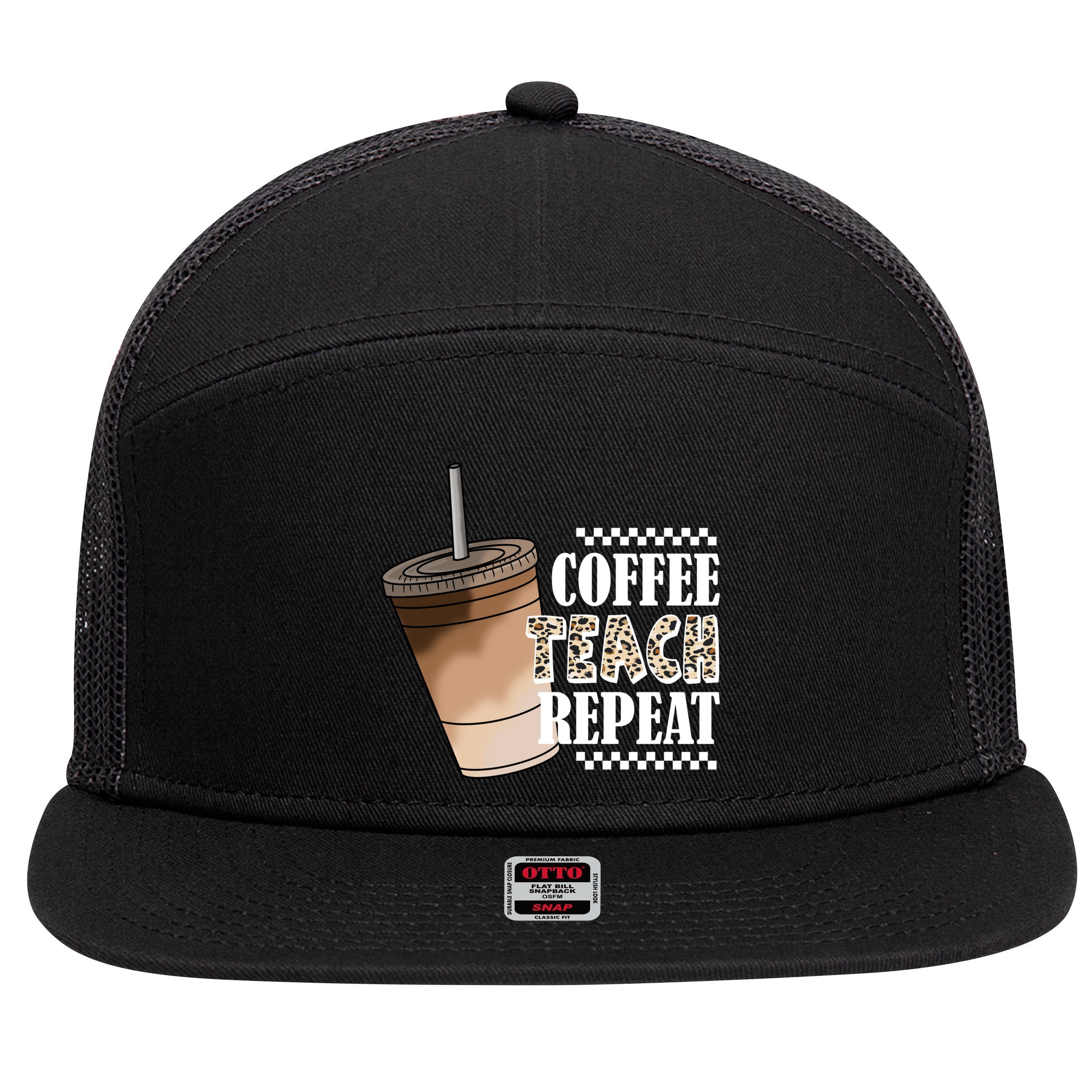 Coffee Teach Repeat Cute Teacher Gift 7 Panel Mesh Trucker Snapback Hat
