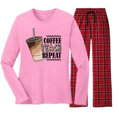 Coffee Teach Repeat Cute Teacher Gift Women's Long Sleeve Flannel Pajama Set 