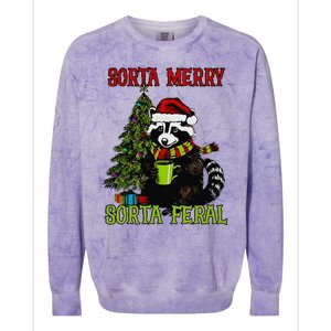 Christmas Tree Raccoon Santa Coffee Sorta Merry Feral 2024 Colorblast Crewneck Sweatshirt