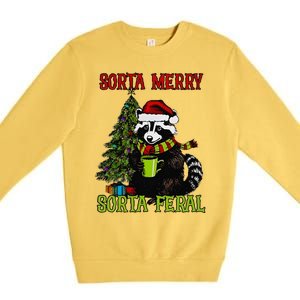 Christmas Tree Raccoon Santa Coffee Sorta Merry Feral 2024 Premium Crewneck Sweatshirt