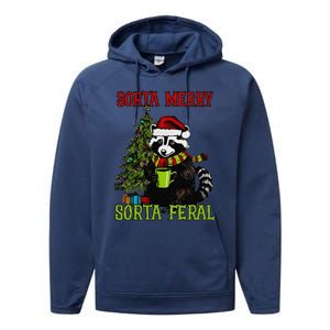 Christmas Tree Raccoon Santa Coffee Sorta Merry Feral 2024 Performance Fleece Hoodie