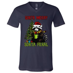 Christmas Tree Raccoon Santa Coffee Sorta Merry Feral 2024 V-Neck T-Shirt