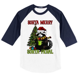 Christmas Tree Raccoon Santa Coffee Sorta Merry Feral 2024 Baseball Sleeve Shirt