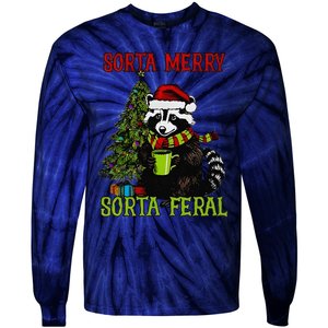 Christmas Tree Raccoon Santa Coffee Sorta Merry Feral 2024 Tie-Dye Long Sleeve Shirt