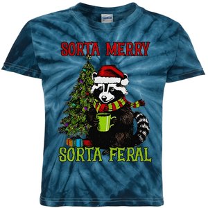 Christmas Tree Raccoon Santa Coffee Sorta Merry Feral 2024 Kids Tie-Dye T-Shirt