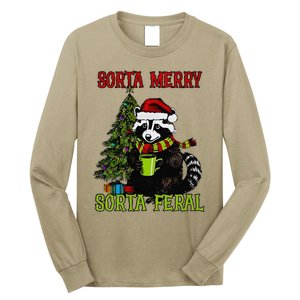 Christmas Tree Raccoon Santa Coffee Sorta Merry Feral 2024 Long Sleeve Shirt