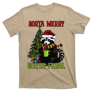 Christmas Tree Raccoon Santa Coffee Sorta Merry Feral 2024 T-Shirt