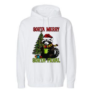 Christmas Tree Raccoon Santa Coffee Sorta Merry Feral 2024 Garment-Dyed Fleece Hoodie