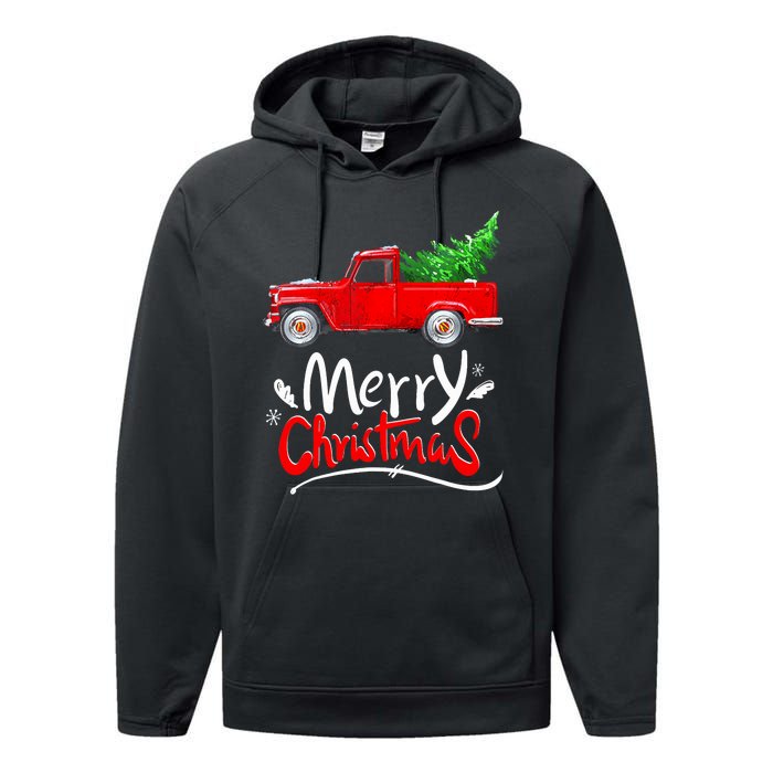 Christmas Tree Red Truck Pajama Vintage Buffalo Plaid Truck Performance Fleece Hoodie