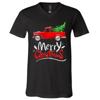 Christmas Tree Red Truck Pajama Vintage Buffalo Plaid Truck V-Neck T-Shirt