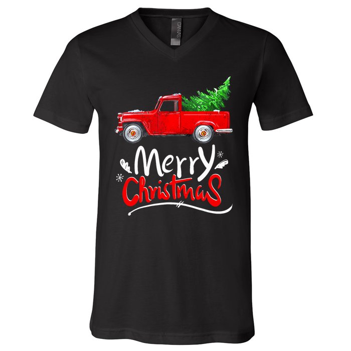 Christmas Tree Red Truck Pajama Vintage Buffalo Plaid Truck V-Neck T-Shirt