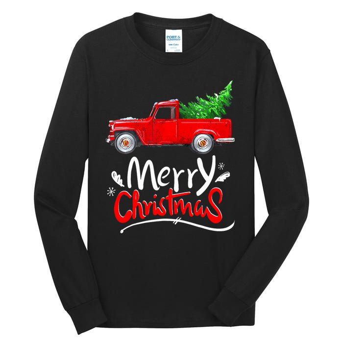 Christmas Tree Red Truck Pajama Vintage Buffalo Plaid Truck Tall Long Sleeve T-Shirt