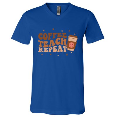 Coffee Teach Repeat Teacher's Day Coffee Day Happy Face Gift V-Neck T-Shirt