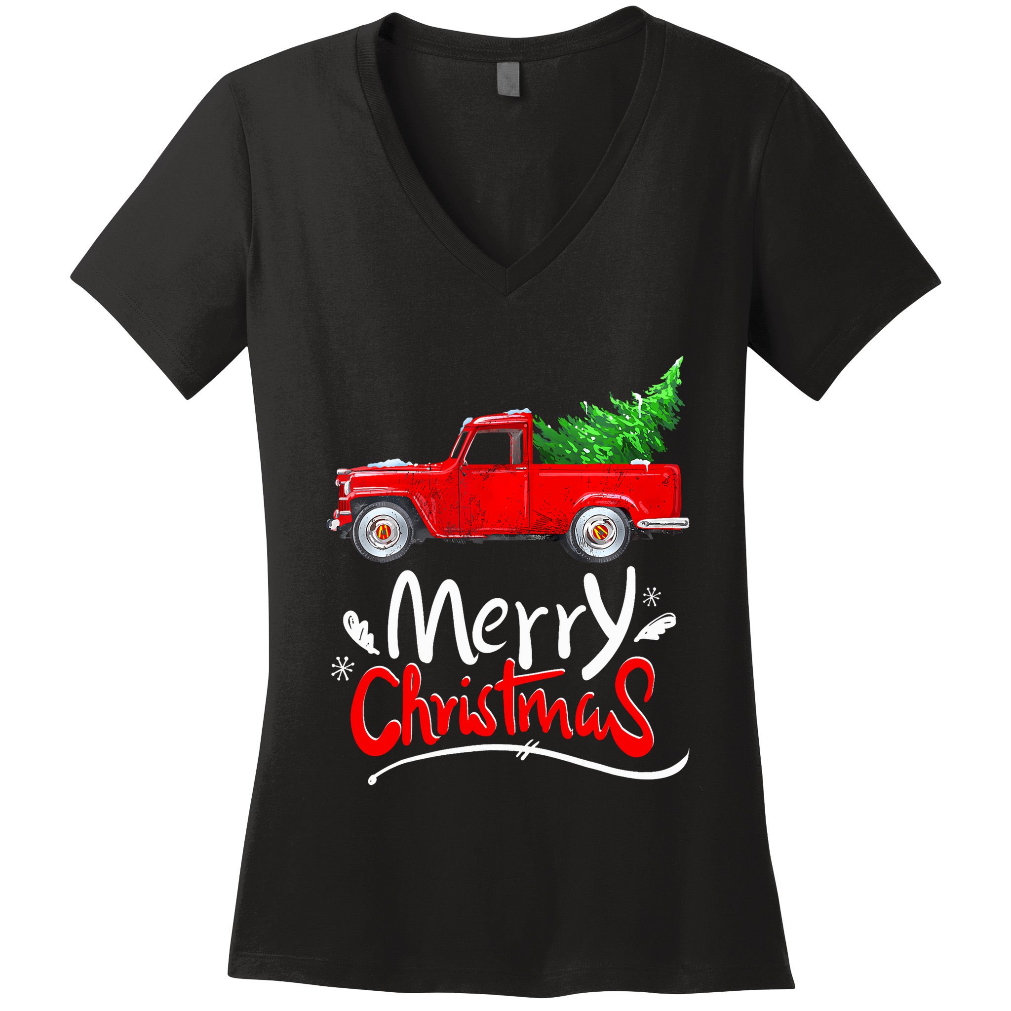 Christmas Tree Red Truck Pajama Vintage Buffalo Plaid Truck Women's V-Neck T-Shirt