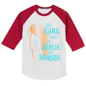 Christian This Runs On Jesus And Horses Equestrian Rider Cute Gift Kids Colorblock Raglan Jersey