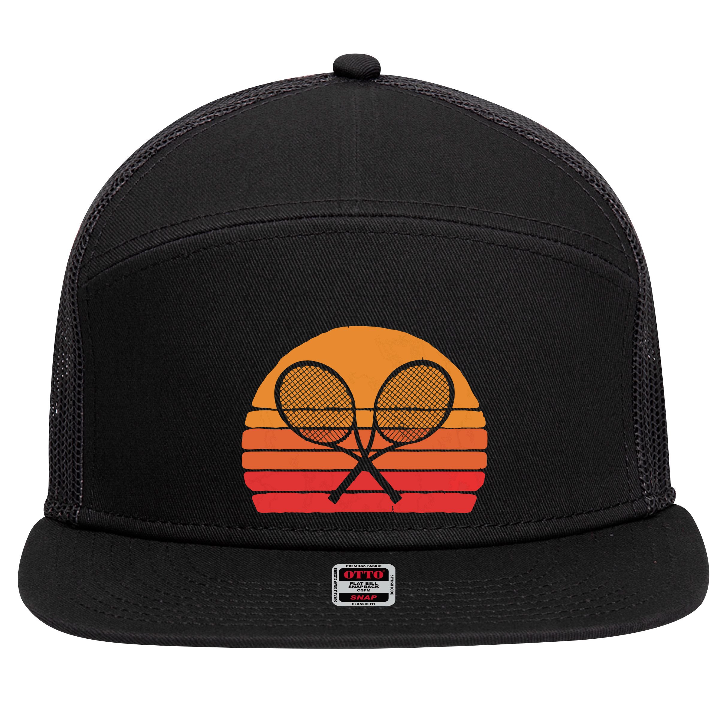 Crossed Tennis Racquets Retro 80s Sun Vintage Graphic 7 Panel Mesh Trucker Snapback Hat
