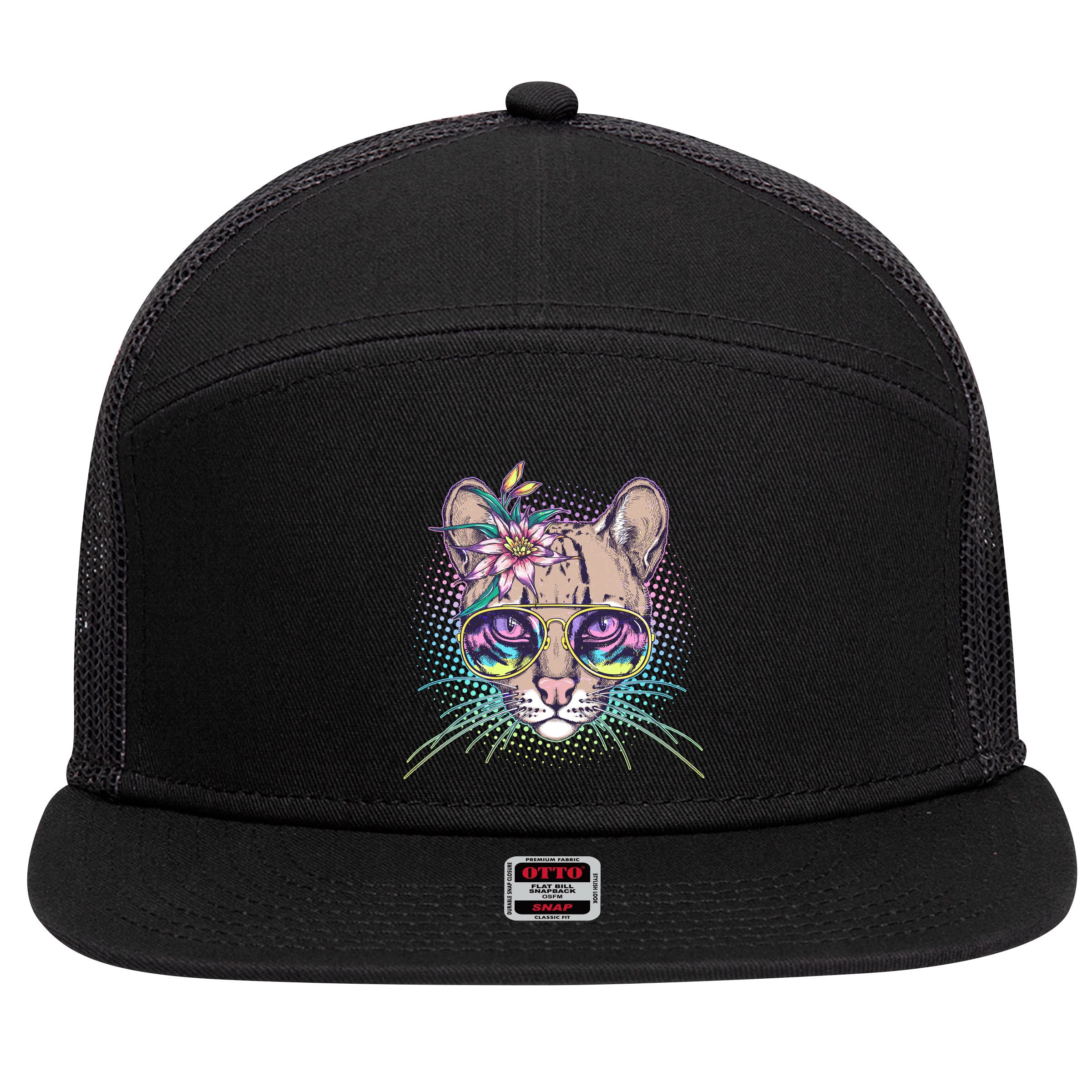 Cute Tropical Rainbow Ocelot Cat 7 Panel Mesh Trucker Snapback Hat