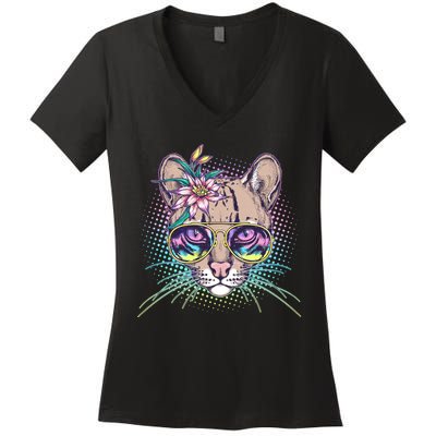 Cute Tropical Rainbow Ocelot Cat Women's V-Neck T-Shirt