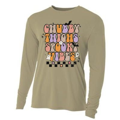 Chubby Thighs Spooky Vibes Halloween Retro Groovy Flower Boo Cooling Performance Long Sleeve Crew