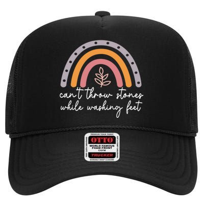 Can't Throw Stones While Washing Feet Rainbow Design High Crown Mesh Back Trucker Hat