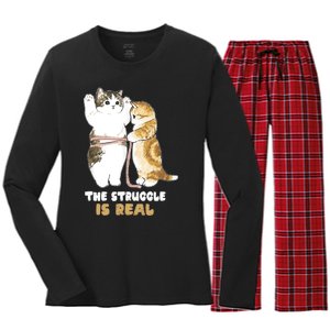 Cats The Struggle is Real Gym Fitness Funny Cat Training Women's Long Sleeve Flannel Pajama Set 