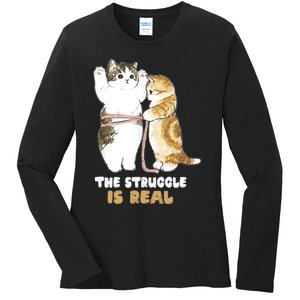 Cats The Struggle is Real Gym Fitness Funny Cat Training Ladies Long Sleeve Shirt