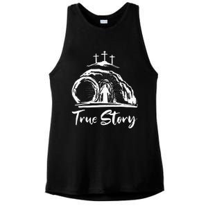 Christians True Story He Is Risen Cross Jesus Easter Day Ladies PosiCharge Tri-Blend Wicking Tank