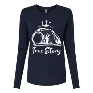 Christians True Story He Is Risen Cross Jesus Easter Day Womens Cotton Relaxed Long Sleeve T-Shirt