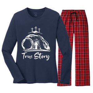 Christians True Story He Is Risen Cross Jesus Easter Day Women's Long Sleeve Flannel Pajama Set 