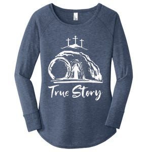 Christians True Story He Is Risen Cross Jesus Easter Day Women's Perfect Tri Tunic Long Sleeve Shirt