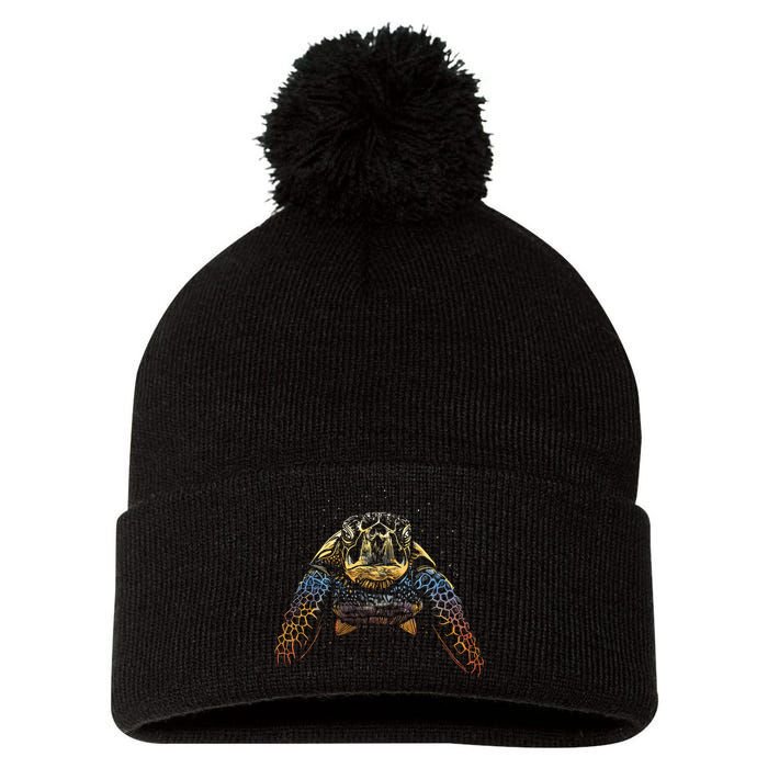 Colorful Turtle Sea Life Pom Pom 12in Knit Beanie