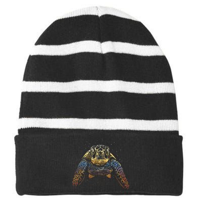 Colorful Turtle Sea Life Striped Beanie with Solid Band